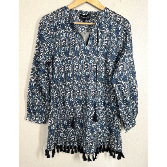 NWT French Curve Blue Paisley Cotton tunic Blouse Lightweight Sz S Tassels Top - Picture 1 of 7